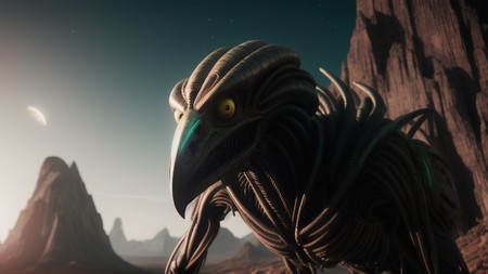 strange looking creature standing in front of a mountain with a moon in the background