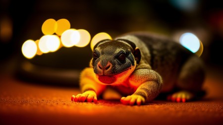 close up of a lizard on the ground with lights in the background