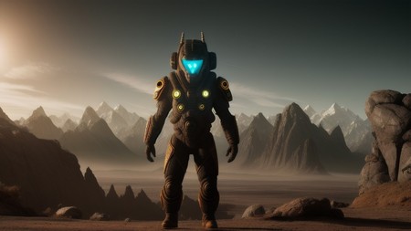 man in a futuristic suit standing in front of a mountain range