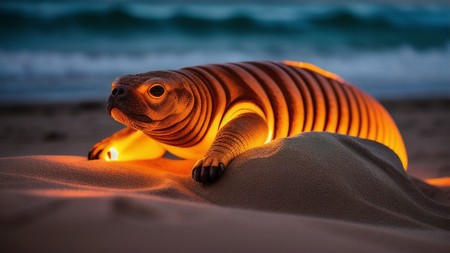 tortoise statue sitting on top of a beach next to the ocean