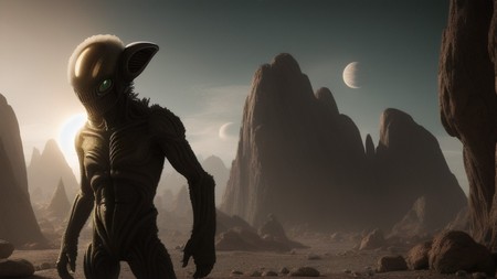 an alien standing in the middle of a desert with mountains in the background