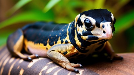 black and yellow lizard sitting on top of a piece of wood