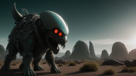 an alien creature with glowing eyes standing in a desert with mountains in the background