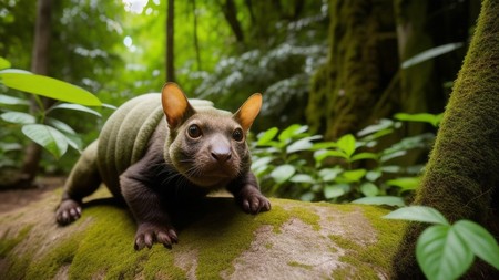 small animal is sitting on a mossy log in the woods