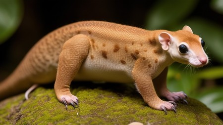 small animal with large eyes sitting on a mossy rock in a forest