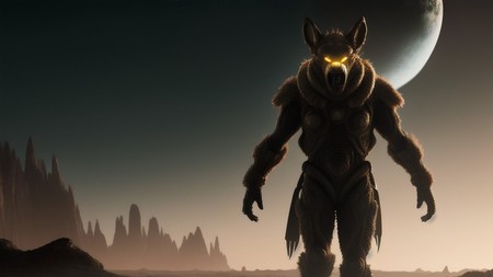 demonic looking creature standing in front of a full moon with glowing eyes