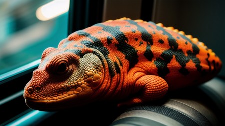 an orange and black gecko sitting on top of a chair next to a window