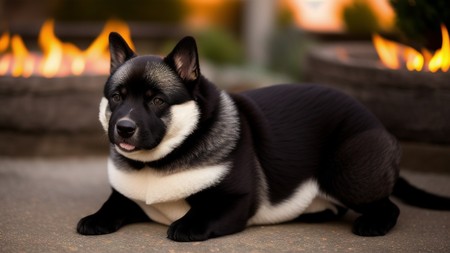 black and white dog laying on the ground in front of a fire pit