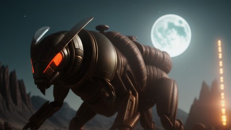 robot with glowing eyes standing in front of a moonlit sky