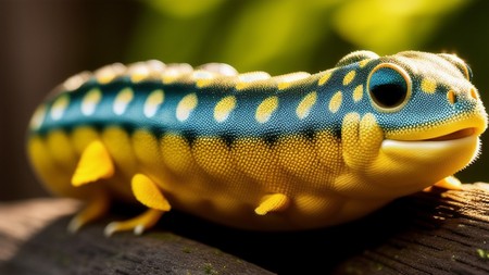 yellow and blue lizard sitting on top of a piece of wood