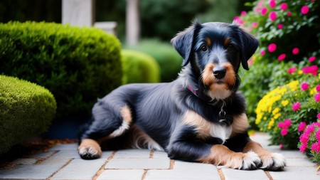 black and brown dog laying on a brick walkway next to flowers