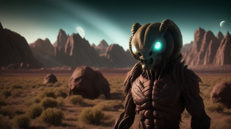 creepy creature with glowing eyes standing in a desert with mountains in the background