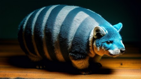 blue and white striped animal standing on a wooden floor next to a wall