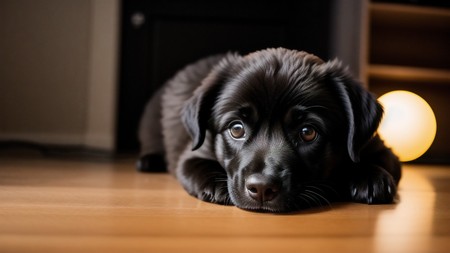 black dog laying on top of a wooden floor next to a lamp