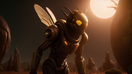 robot with glowing eyes standing in front of a moonlit sky