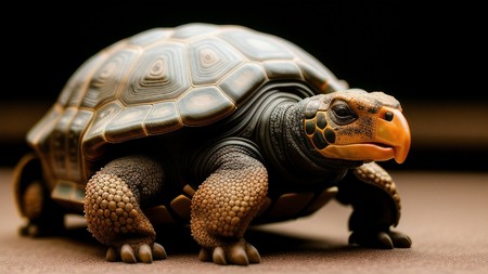 close up of a small turtle on a table with a brown background