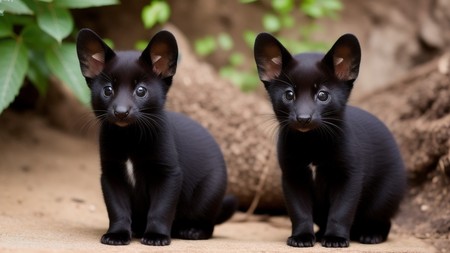 two black kittens sitting next to each other on a dirt ground