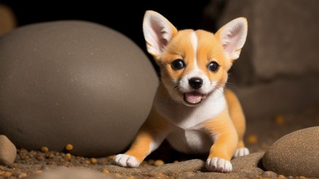 small brown and white dog laying on top of a pile of rocks