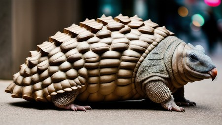 close up of an armadillo on a street with a blurry background