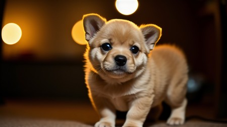 small brown dog standing on top of a floor next to lights