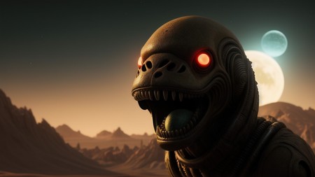 an alien creature with glowing eyes in a desert area with a moon in the background