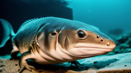 close up of a large fish on a sandy surface with water in the background