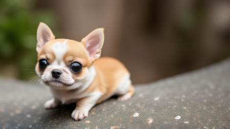 small brown and white dog sitting on top of a cement slab