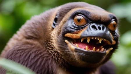 close up of a monkey's face with its mouth open