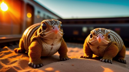 couple of large lizards sitting on top of a sandy beach next to a train