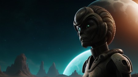 sci - fi character standing in front of a moon and mountains