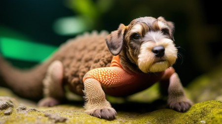 small dog with an orange collar on its back standing on a rock