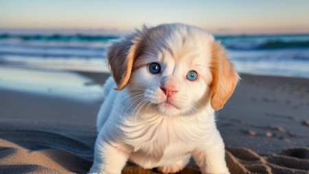 small white kitten with blue eyes on the sand at the beach