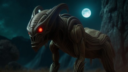 creature with glowing red eyes standing in front of a full moon