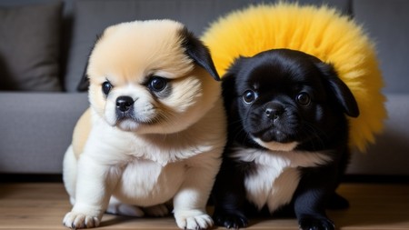 two pug puppies sitting next to each other on a wooden floor