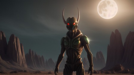 creepy looking alien standing in a desert with a full moon in the background