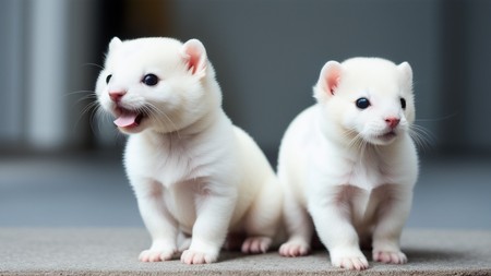 two small white kittens sitting next to each other with their mouths open