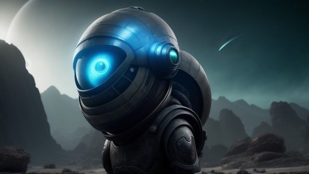 robot with glowing blue eyes standing in front of a mountain range