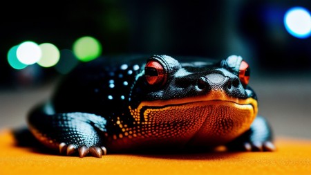 close up of a frog on a surface with blurry lights in the background