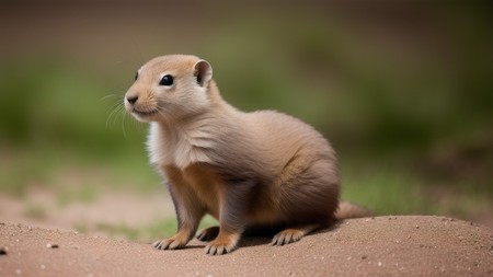 small rodent sitting on top of a dirt covered ground next to grass