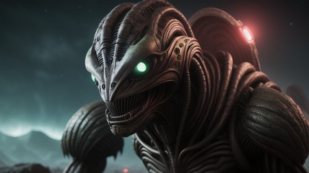 close up of a creature with glowing eyes and a dark background