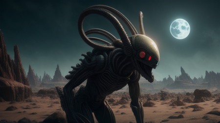 an alien creature standing in the desert with a full moon in the background