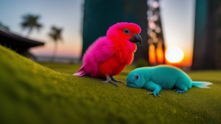 couple of colorful birds sitting on top of a lush green field