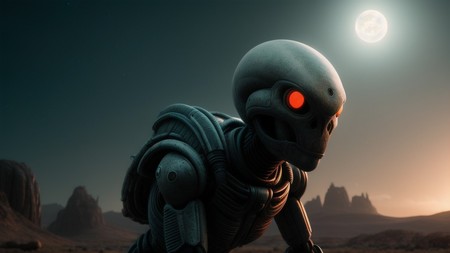 robot with glowing eyes standing in a desert with a full moon in the background