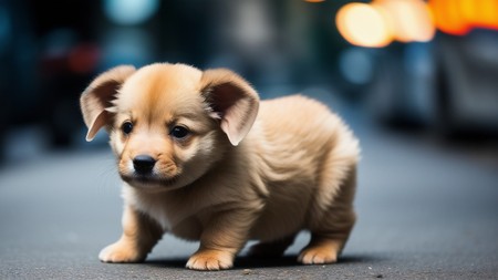 small brown puppy standing on a street next to a parked car