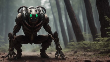 robot with glowing green eyes squatting in the middle of a forest