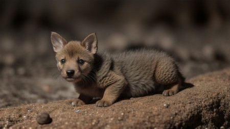 small brown dog sitting on top of a dirt ground next to a rock