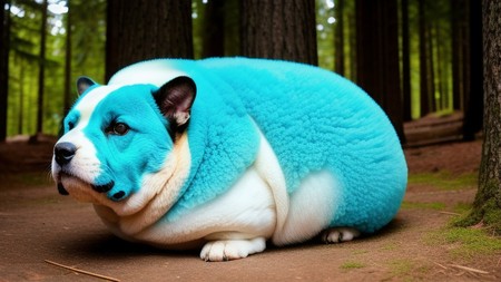 blue and white dog sitting on the ground in front of a forest