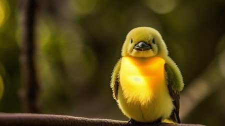 small yellow bird sitting on top of a tree branch with a bright light on it's face