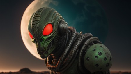 robot with glowing red eyes standing in front of a full moon