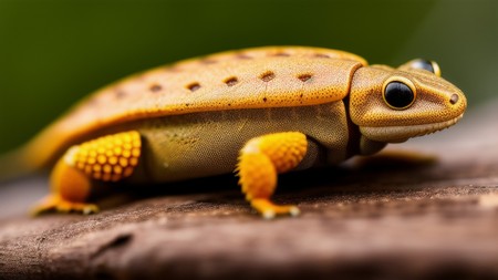 small yellow frog sitting on top of a piece of wood next to a leaf